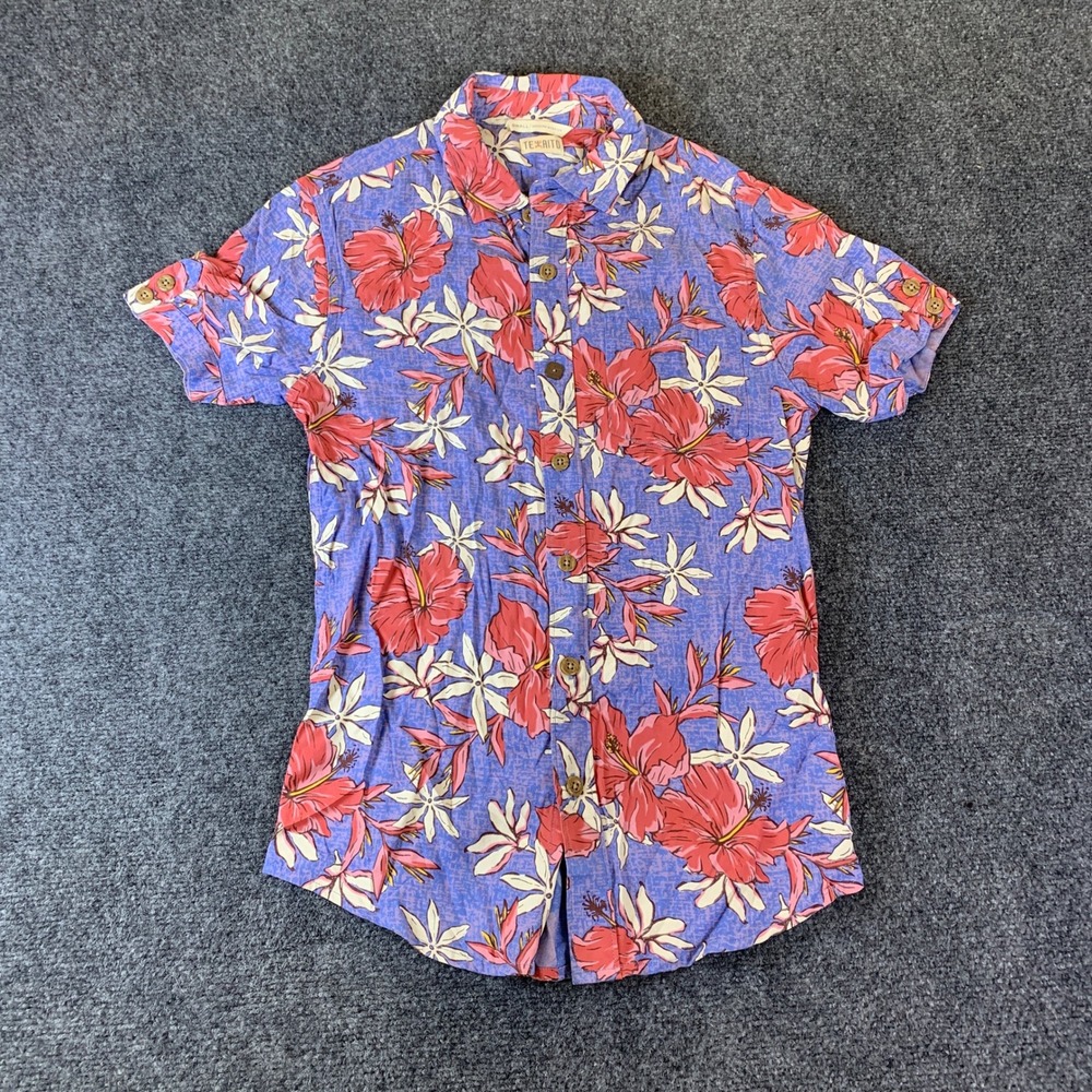 Te Aito Button Down Shirt Mens Small Purple Floral Hibiscus Excellent Tropical